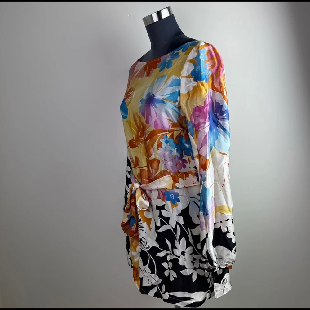 Caché Floral Print Multicolor Long Sleeve Scoop Neck Silk Blouse Size M - Picture 3 of 9